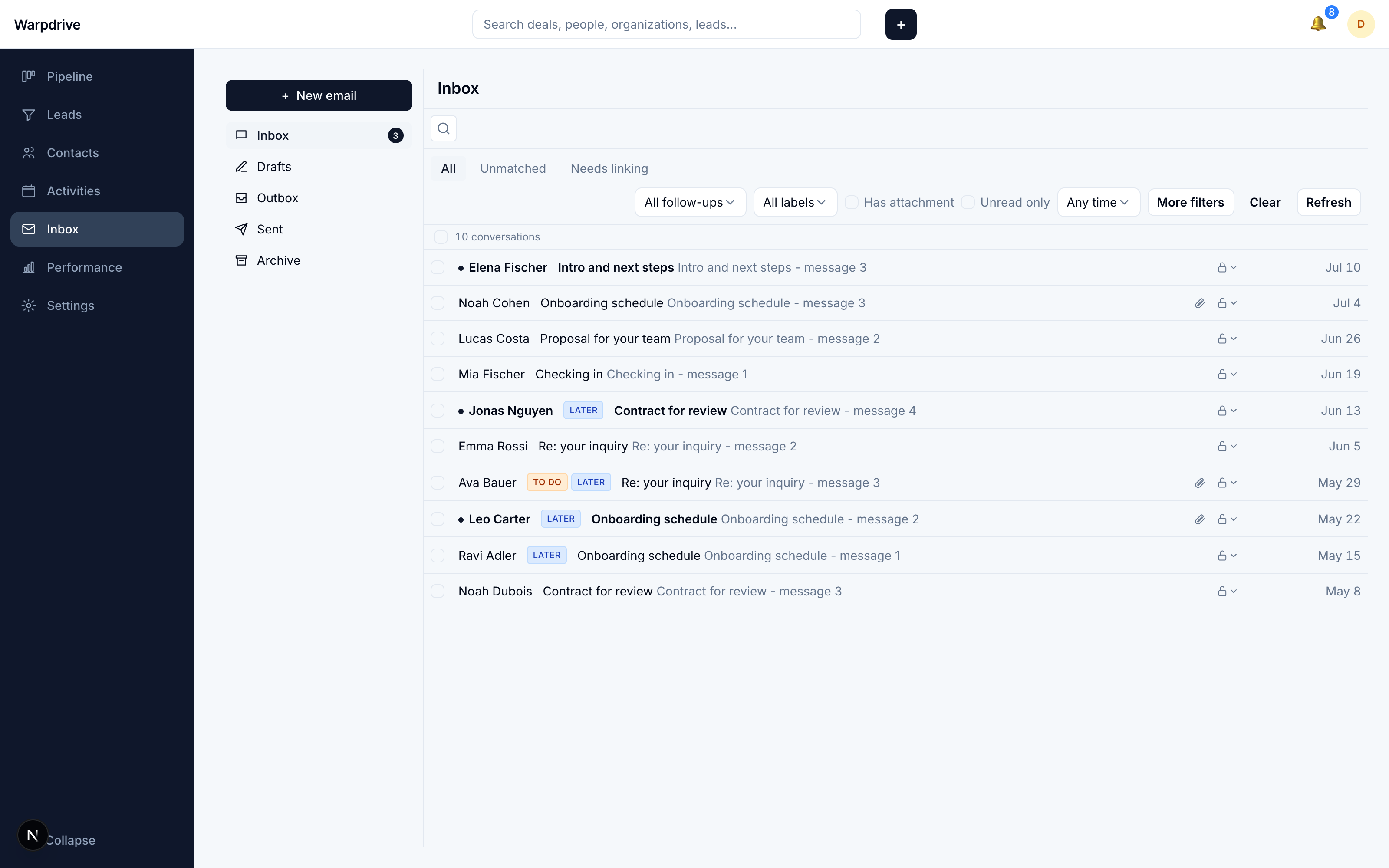 Warpdrive email inbox